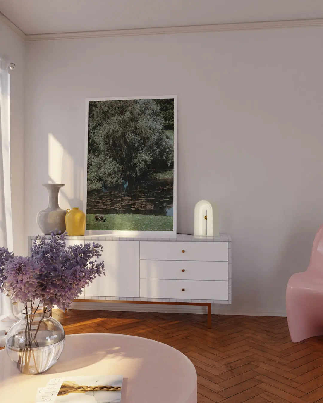 アートフォトポスター「Enough rest（十分な休息）」白フレーム｜キャビネット上に飾る深緑の森風景