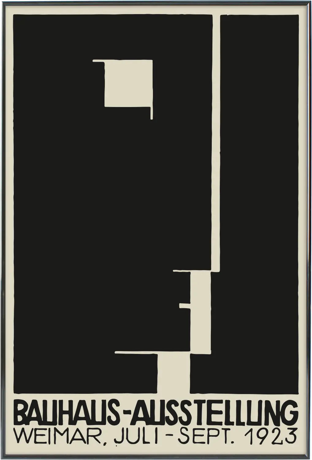 ブラックフレームに収められた「Bauhaus Ausstellung Weimar 1923」ポスター。歴史的なバウハウス展を伝えるクラシックでモダンなデザインポスター。