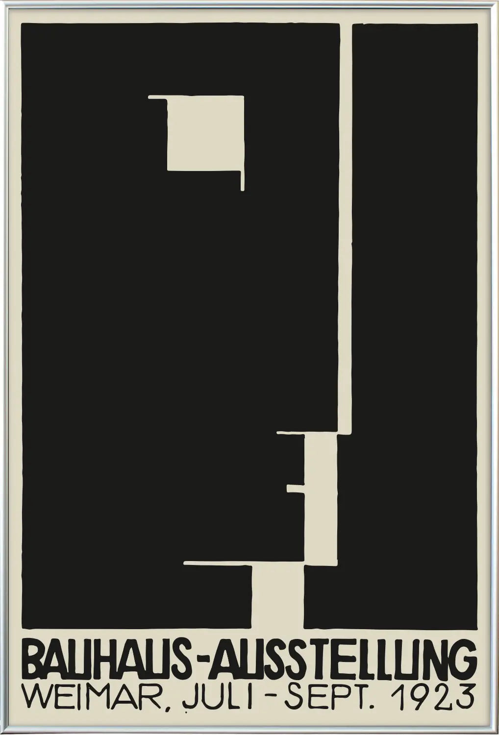 シルバーフレームに収められた「Bauhaus Ausstellung Weimar 1923」ポスター。歴史的なバウハウス展を象徴するクラシックでモダンなデザインポスター。