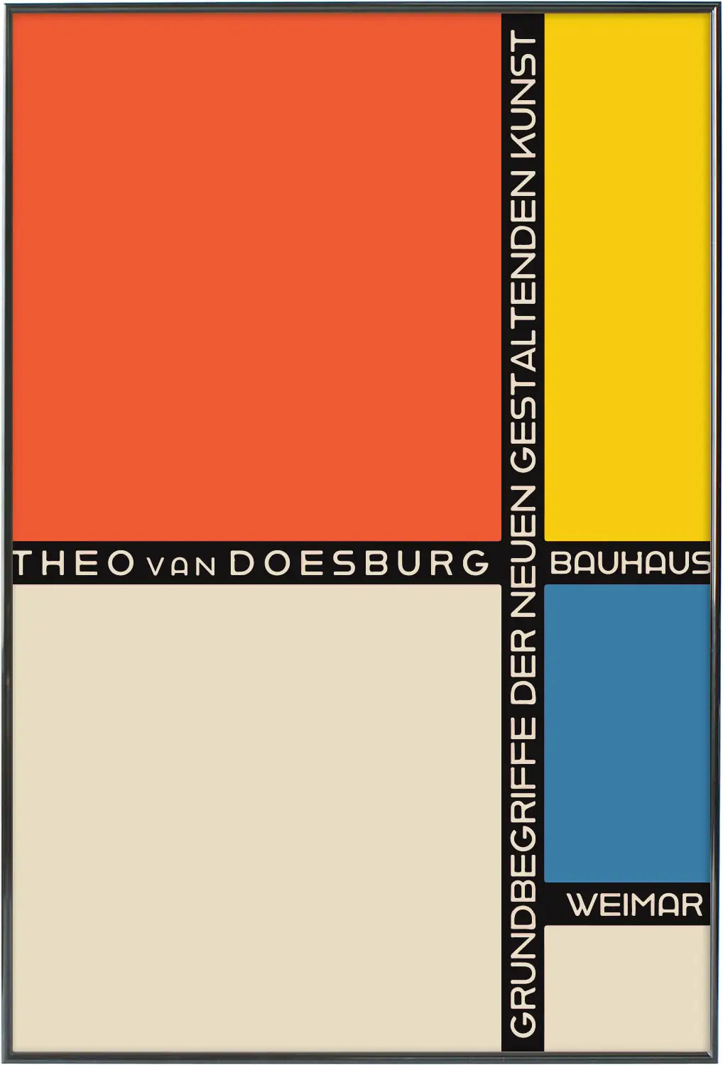 ブラックフレームに収められたバウハウス・パッチワークポスター。幾何学的な構成と配色が印象的なモダンアートポスター。