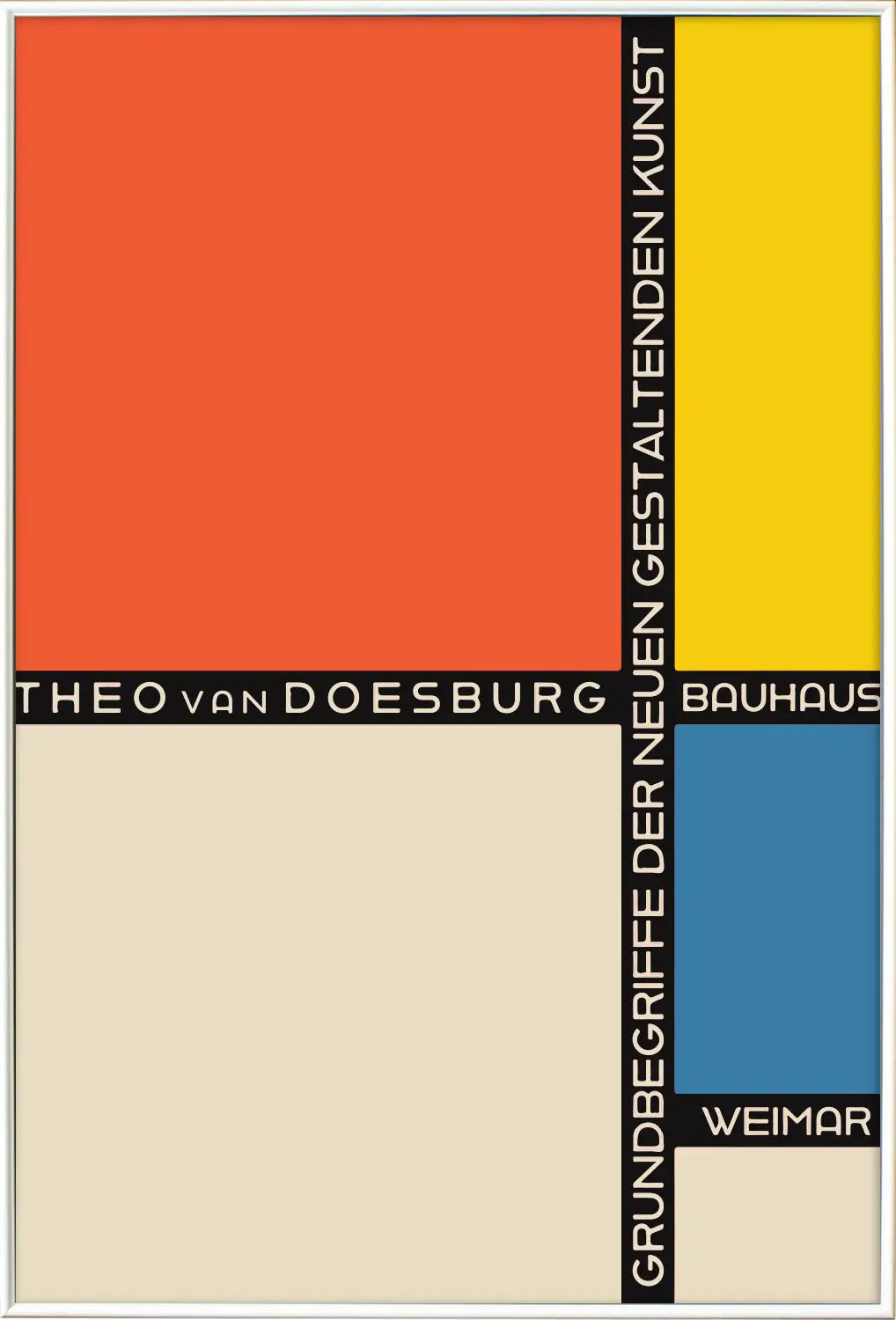 ホワイトフレームに収められたバウハウス・パッチワークポスター。幾何学的な構成とバランスの取れた配色が際立つモダンアートポスター。