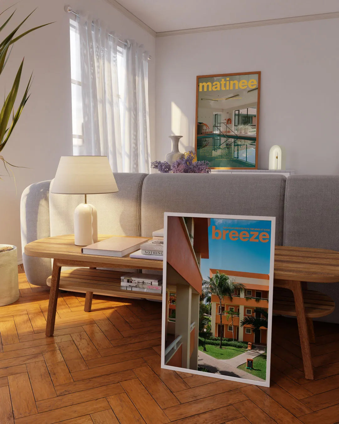 床に立てかけられたホワイトフレームの「Breeze」ポスター。軽やかで爽やかなデザインが空間に映えるモダンアートポスター。