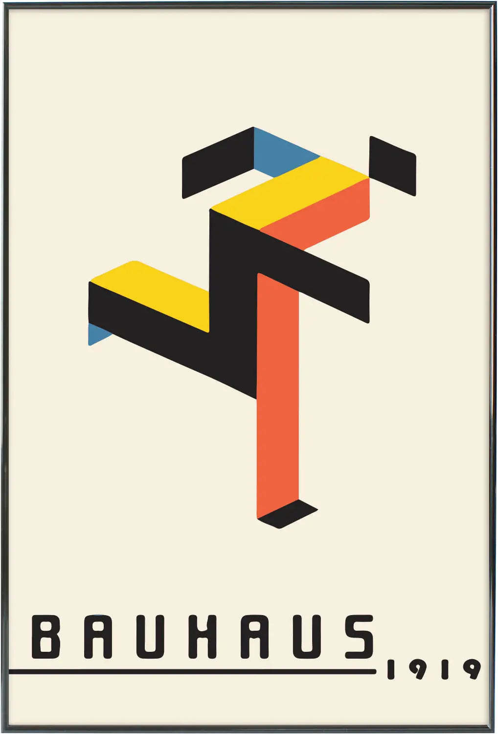 ブラックフレームに収められた「Running Bauhaus」ポスター。バウハウスらしい動きとリズムを感じさせるモダンアートポスター。