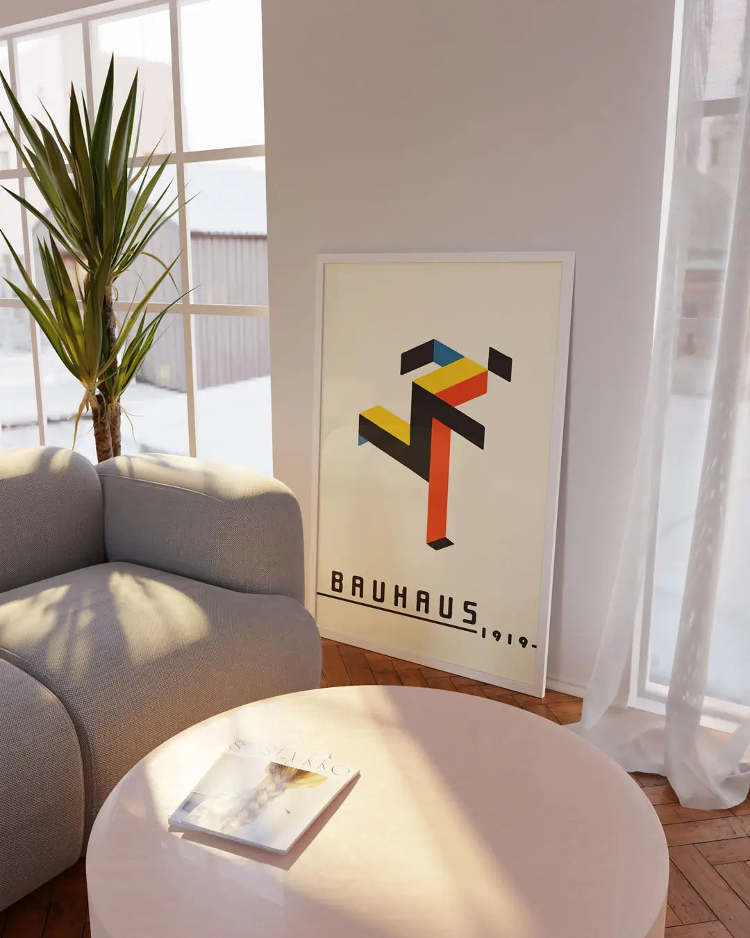 床に立てかけられたホワイトフレームの「Running Bauhaus」ポスター。動きとリズムを感じさせるバウハウス調のモダンアートポスター。